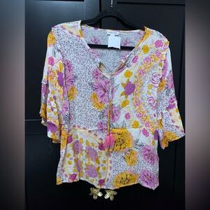 Tribal Jeans XS Floral Blouse Pink Yellow spring boho bohemian flowy